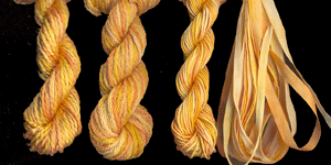 montano series fine cord silk thread, 8/2 silk thread, 6 strand silk floss and 3.5mm silk ribbon in daffodil