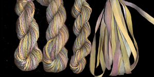 montano series fine cord silk thread, 8/2 silk thread, 6 strand silk floss and 3.5mm silk ribbon in eden valley