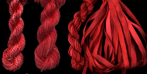 montano series fine cord silk thread, 8/2 silk thread, 6 strand silk floss and 3.5mm silk ribbon in poppy