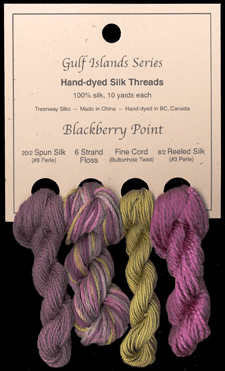 L to R: 20/2 Spun in Evening Spirit #9510, 6 Strand Floss in Faded Rose, Fine Cord in Tequila Sunrise #951, 8/2 Reeled in Peony #46