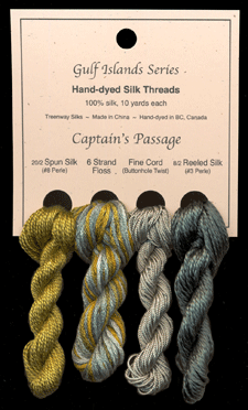 L to R: 20/2 Spun in Tequila Sunrise #951, 6 Strand Floss in Seaweed, Fine Cord in Eucalyptus #215, 8/2 Reeled in Tasmanian Myrtle #39
