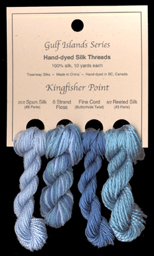 L to R: 20/2 Spun in Ice Poppy #8, 6 Strand Floss in Glacier Lake, Fine Cord in Danish Blue #206, 8/2 Reeled in Glacier #214