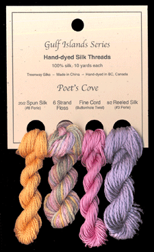L to R: 20/2 Spun in Maize #37, 6 Strand Floss in Mandalay, Fine Cord in Cashmere Rose #44, 8/2 Reeled in Soft Iris #26