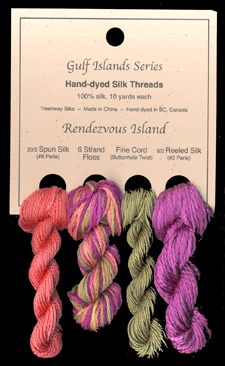 L to F: 20/2 Spun in Flamingo #30, 6 Strand Floss in La Veta, Fine Cord in Pheasant Green #952, 8/2 Reeled in Berry Blaze #210