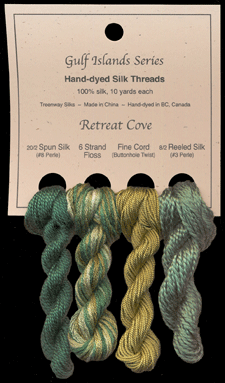 L to R: 20/2 Spun in Triumph #211, 6 Strand Floss in Spring Green, Fine Cord in Tequila Sunrise #951, 8/2 Reeled in 100 Acre Wood #212