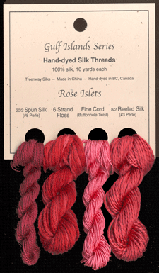 L to R: 20/2 Spun in Bordello #20, 6 Strand Floss in Poppy, Fine Cord in Christmas Cactus #27, 8/2 Reeled in Pomegranate #12