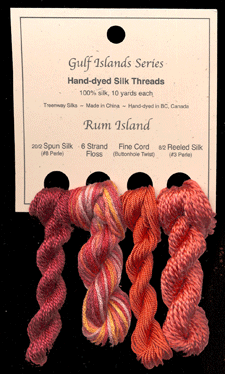 L to R: 20/2 Spun in Creole Spice #222, 6 Strand Floss in Kathmandu, Fine Cord in Mardi Gras #205, 8/2 Reeled in Paprika #204
