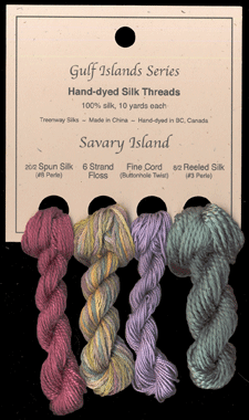 L to R: 20/2 Spun in Star Ruby #223, 6 Strand Floss in Eden Valley, Fine Cord in Soft Iris #216, 8/2 Reeled in Winter Sage #40