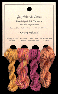 L to R: 20/2 Spun in Amber #9514, 6 Strand Floss in Autumn Mum, Fine Cord in Harlequin #43, 8/2 Reeled in Cosmic Copper #203