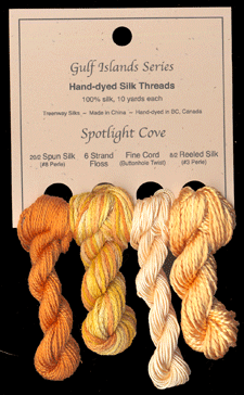 L to R: 20/2 Spun in Sun Dance #36, 6 Strand Floss in Daffodil, Fine Cord in Narcissus #38, 8/2 Reeled in Maize #37