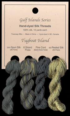 L to R: 20/2 Spun in Tasmanian Myrtle in #39, 6 Strand Floss in Mangrove, Fine Cord in Black Forest #208, 8/2 Reeled in Pheasant Green #952