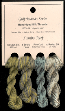 L to R: 20/2 Spun in Pheasant Green #952, 6 Strand Floss in Canadian Fir, Fine Cord in Winter Sage #40, 8/2 Reeled in Eucalyptus #215