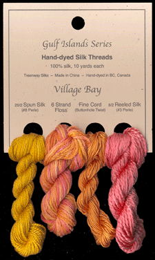 L to R: 20/2 Spun in Electric Dijon #202, 6 Strand Floss in Daylily, Fine Cord in Sun Dance #36, 8/2 Reeled in Flamingo #30