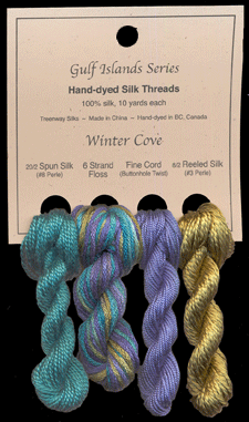 L to R: 20/2 Spun in Malachite #10, 6 Strand Floss in St. Thomas, Fine Cord in Periwinkle #956, 8/2 Reeled in Tequila Sunrise #951