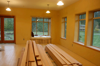 Studio with bamboo flooring installed. Douglas Fir is stacked awaiting installation elsewhere in the house