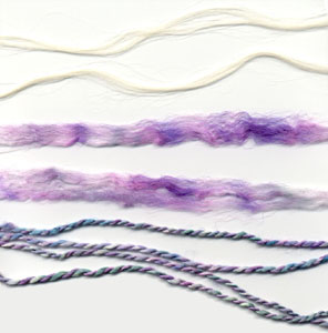 hand spun degummed throwsters silk, pencil roving