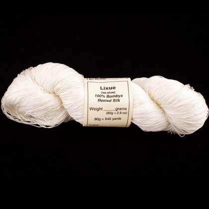 Lixue - 100% Bombyx Reeled Silk Yarn, 3-ply Fine Cord, lace weight: click to enlarge