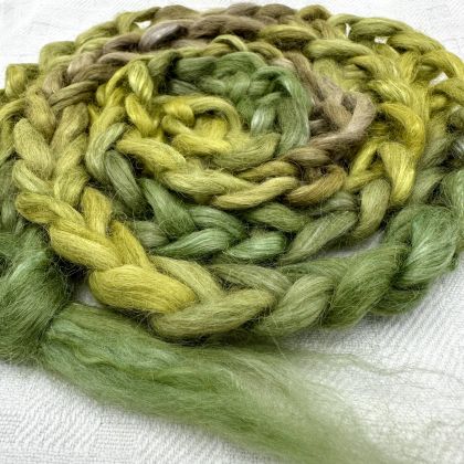Silk/Suri Alpaca Combed Top/Sliver in Salt Spring Island Limited Edition color 'Forest Camo' - 25g: click to enlarge