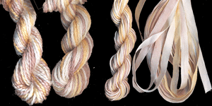 montano series fine cord silk thread, 8/2 silk thread, 6 strand silk floss and 3.5mm silk ribbon in antique silk