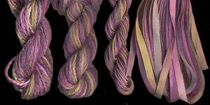 montano series fine cord silk thread, 8/2 silk thread, 6 strand silk floss and 3.5mm silk ribbon in faded rose