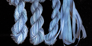 montano series fine cord silk thread, 8/2 silk thread, 6 strand silk floss and 3.5mm silk ribbon in glacier lake