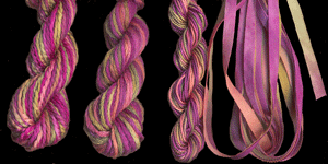 montano series fine cord silk thread, 8/2 silk thread, 6 strand floss and 3.5mm silk ribbon in la veta
