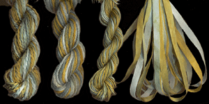 montano series fine cord silk thread, 8/2 silk thread, 6 strand silk floss and 3.5mm silk ribbon in seaweed