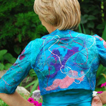 Vikki Zulpo wearable art, silky shrug, silk fusion